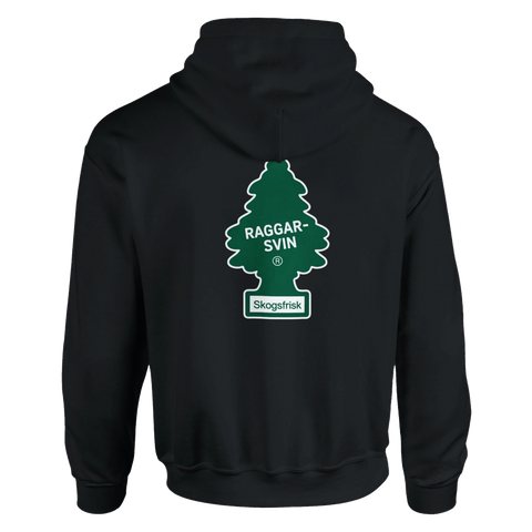 Raggarsvin Skogsfrisk" doftgransmotiv i grönt och vitt på svart hoodie.