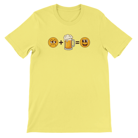 Gul t-shirt med smileys och en ölsejdel som bildar en ekvation.