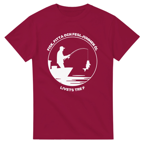 Vinröd t-shirt med vit design av fiskare och texten Livets Tre F.