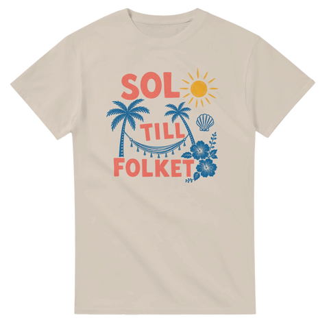 Vintage sommarillustration med texten Sol till folket på sandfärgad t-shirt
