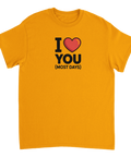 Senapsgul t-shirt med lekfullt motiv och självironisk text
