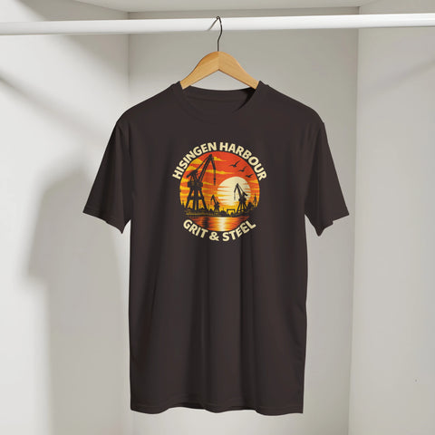 T-shirt med hamnmotiv i retrostil och texten Hisingen Harbour – Grit & Steel