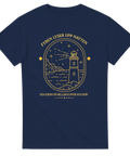 Marinblå t-shirt med nautiskt motiv och texten Fyren lyser upp natten