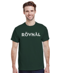 Vit text "RÖVHÅL" med sliten effekt på mörkgrön t-shirt, provokativ design.
