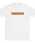 Humoristisk t-shirt med grafiskt pannkaksmotiv och bokstäver fyllda med sylt