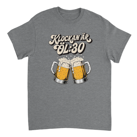 Grafiskt tryck med ölglas i retrostil och ordvits om tid – humoristisk t-shirt