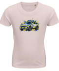 Ljusrosa barn-t-shirt med en svensk polisbil och färgstänk