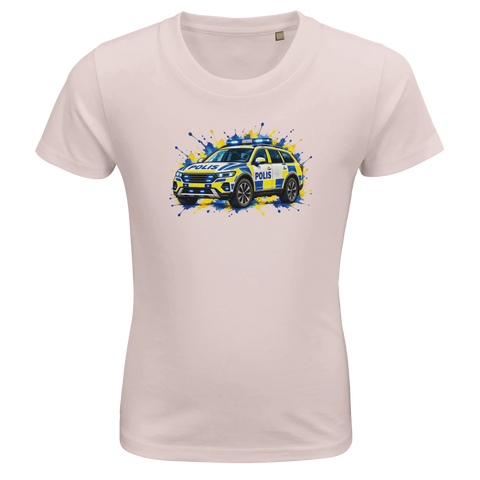 Ljusrosa barn-t-shirt med en svensk polisbil och färgstänk