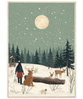 Illustration av en stjärnklar vinternatt med snöfall över en tät granskog och en lysande gul fullmåne på grön himmel.