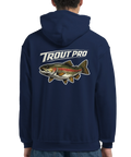 Marinblå hoodie med ryggtryck föreställande en naturtrogen öring