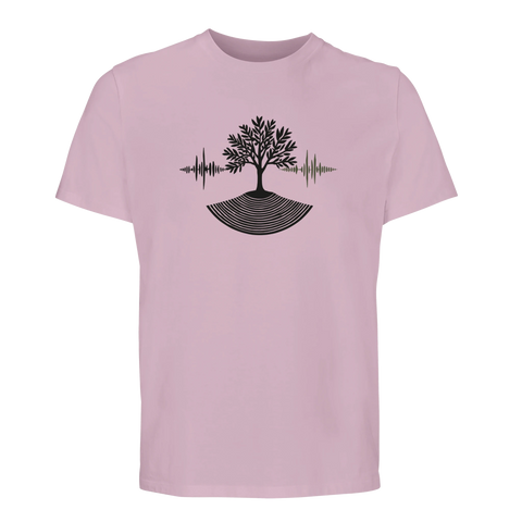Stiliserat träd med ljudvågor och rötter på ljusrosa ekologisk t-shirt.
