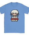 Grinig animefigur med texten "JAG HATAR FOLK", dödskallar & blixtar på ljusblå t-shirt.