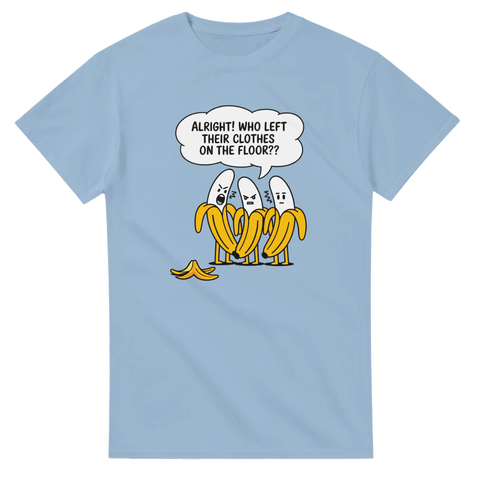 Skämtsam t-shirt med bananskal och pratbubbla i blå färg