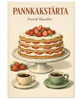 Illustration av en hög pannkakstårta med grädde och jordgubbar på ett fat bredvid två koppar kaffe i retrostil.