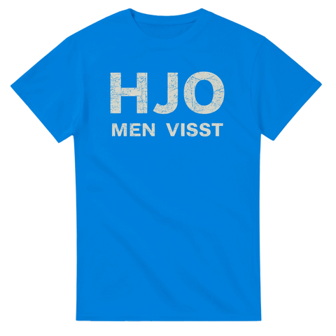 Retro textbaserad design Hjo Men Visst på blå t-shirt