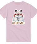 Ljusrosa t-shirt med sött motiv av snögubbar och texten Kramsnö