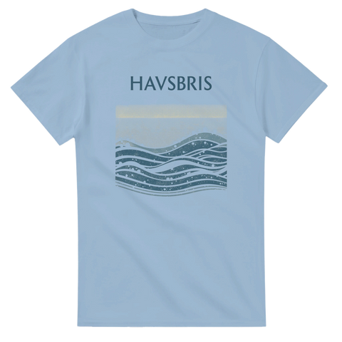 Havsbris-tryck med vågor och stänk, text "HAVSBRIS", på ljusblå t-shirt.