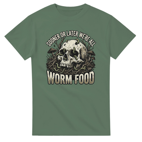 Militärgrön t-shirt med horror-inspirerad illustration av en dödskalle
