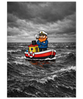 Färgglad illustration av en liten bogserbåt med en envis kapten mitt i stora svartgråa vågor och dramatiska moln.