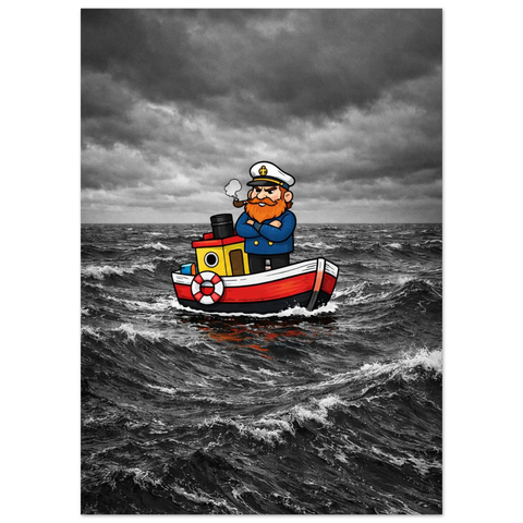 Färgglad illustration av en liten bogserbåt med en envis kapten mitt i stora svartgråa vågor och dramatiska moln.