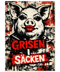 Satirisk konstposter med en gris i fokus, omgiven av graffitiinspirerade färgstänk och slitna textureffekter.