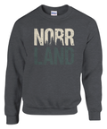 Norrland-tryck med skogssiluett på mörkgrå sweatshirt.