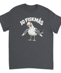 Mörkgrå t-shirt med en tecknad mås och texten IQ Fiskmås.