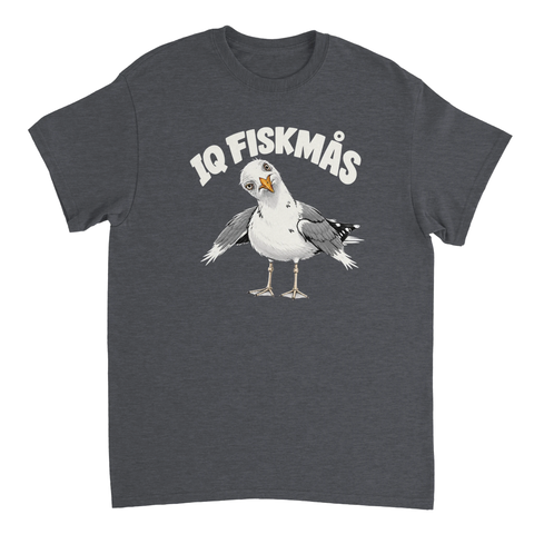 Mörkgrå t-shirt med en tecknad mås och texten IQ Fiskmås.