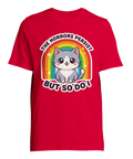 Röd t-shirt med grafiskt motiv som kombinerar gullig estetik med existentiell humor