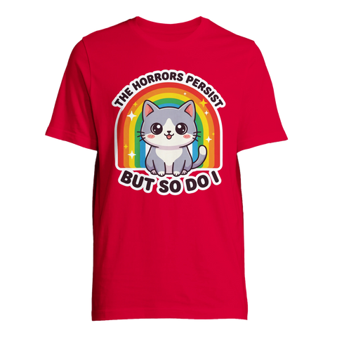 Röd t-shirt med grafiskt motiv som kombinerar gullig estetik med existentiell humor
