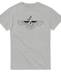 Farvahar zoroastrisk symbol i svartvitt på grå t-shirt