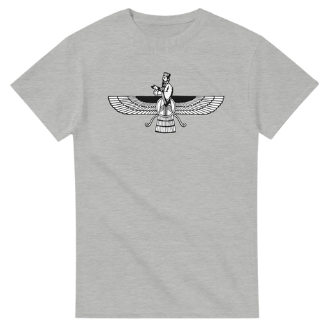 Farvahar zoroastrisk symbol i svartvitt på grå t-shirt