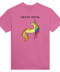 Grafisk t-shirt med en regnbågsfärgad enhörning och satirisk text – rosa t-shirt