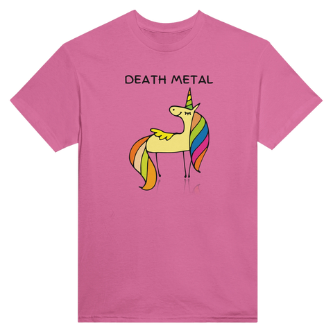 Grafisk t-shirt med en regnbågsfärgad enhörning och satirisk text – rosa t-shirt