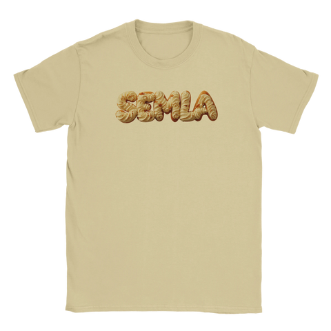 Beige t-shirt med ett nostalgiskt och grafiskt semmel-budskap
