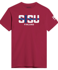 Sisu Finland-tryck med finska flaggan i bokstäverna på en mörkröd premium t-shirt.