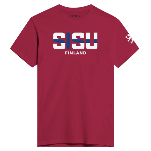 Sisu Finland-tryck med finska flaggan i bokstäverna på en mörkröd premium t-shirt.