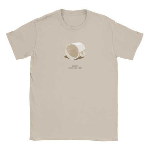 Beige t-shirt med en provokativ illustration av en tom kopp