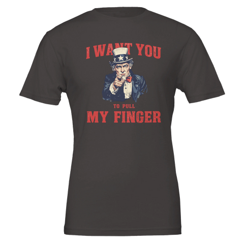 I Want You To Pull My Finger" Uncle Sam-motiv på mörkgrå t-shirt.