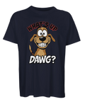 Tecknad glad brun hund med texten "WHAT'S UP DAWG?" på mörkblå ekologisk oversized t-shirt.