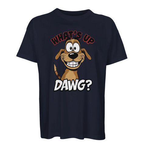 Tecknad glad brun hund med texten "WHAT'S UP DAWG?" på mörkblå ekologisk oversized t-shirt.