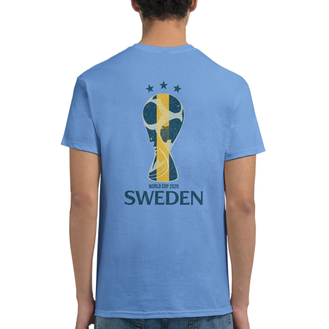 Blå supportertröja med stort ryggtryck för svenska fotbollslandslaget