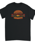 Närbild på vintage burgardesign med textur och ränder på svart t-shirt