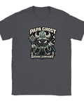 Papa Ghost Satanic Symphony" tryck med svart katt i kåpa, horn, trollstav på mörkgrå t-shirt.