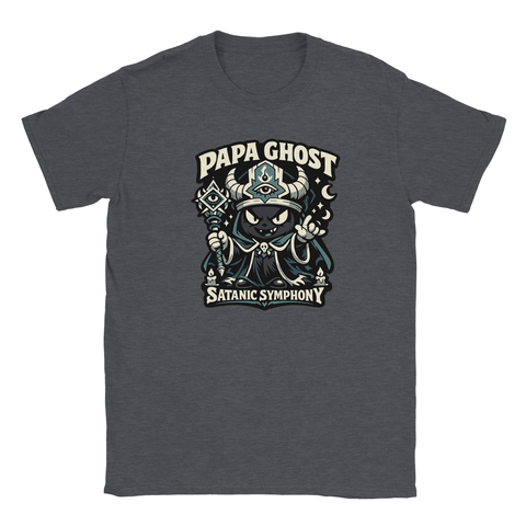 Papa Ghost Satanic Symphony" tryck med svart katt i kåpa, horn, trollstav på mörkgrå t-shirt.