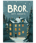 Illustration av ett blått flervåningshus i vintersnö omgivet av granar med texten Bror, ditt ansikte i vitt.