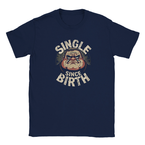 Mörkblå t-shirt med ett satiriskt porträtt av en bitter singelman