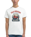 Falu Rödfärg logotyp med röd stuga och text "Äkta Svensk Kvalitet" på vit t-shirt.