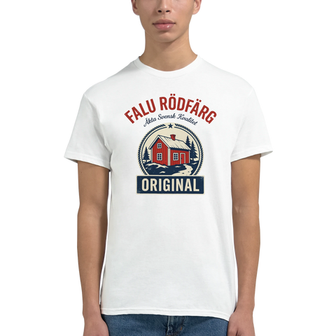 Falu Rödfärg logotyp med röd stuga och text "Äkta Svensk Kvalitet" på vit t-shirt.
