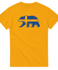 Grafiskt motiv av en björn med svenska flaggan på gul t-shirt